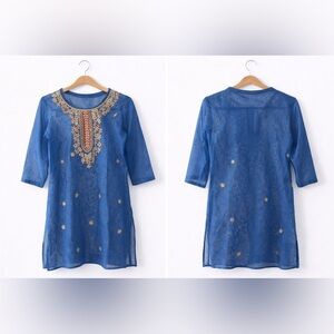 Blue Embroidered Tunic with Gold Floral Accents